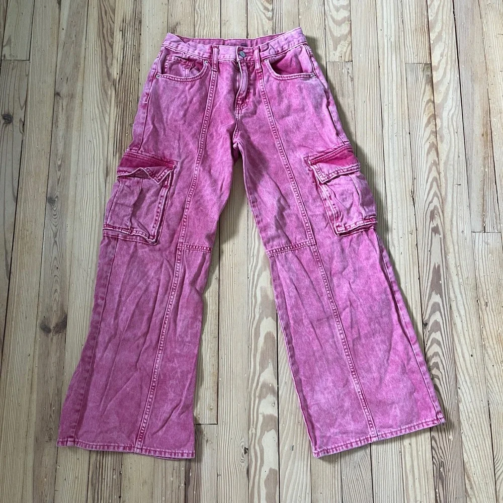 Old Navy Girls Pink Acid Wash High Rise Baggy Cargo Jeans Size 14 Wide Leg Seam